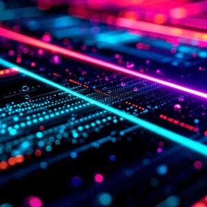 May include: A digital abstract composition featuring vibrant neon pink and cyan light streaks cutting across a dark background. The surface is covered in a grid of small, glowing dots and scattered translucent spheres that reflect the bright light.