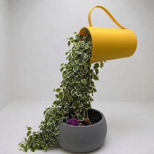 Op de afbeelding: Een gele gieter die in de lucht hangt en een hangende groen-witte bonte plant in een ronde grijze plantenbak giet. De plant stroomt vanuit de tuit van de gele container naar beneden in de aarde van de grijze pot die eronder staat.