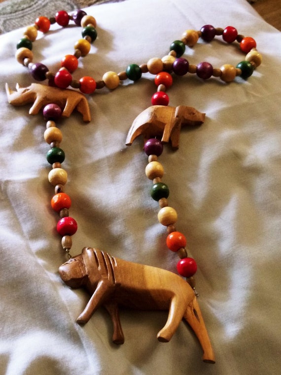 Colorful Wood Carved Large Lion Beaded Necklace  1