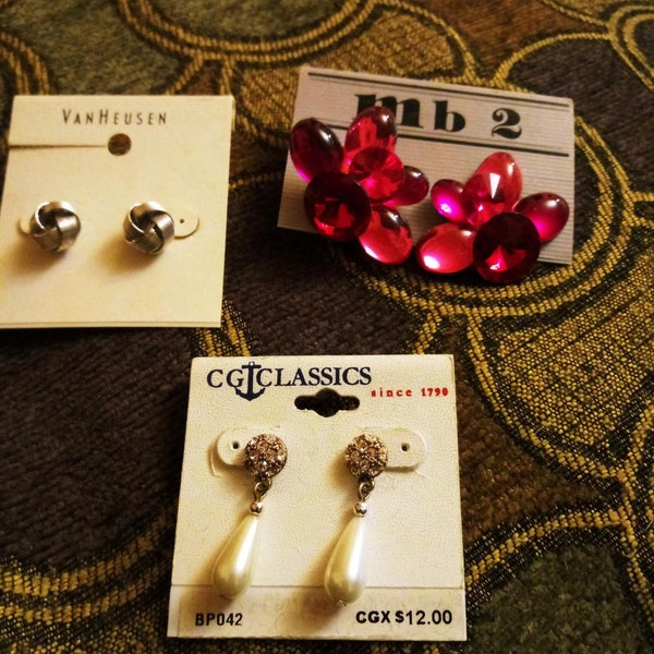 Earring Lot 3 Really Cute Pair.....Casual Or Dress On Original Display Cards! ....2 Pierced and One Clip On's