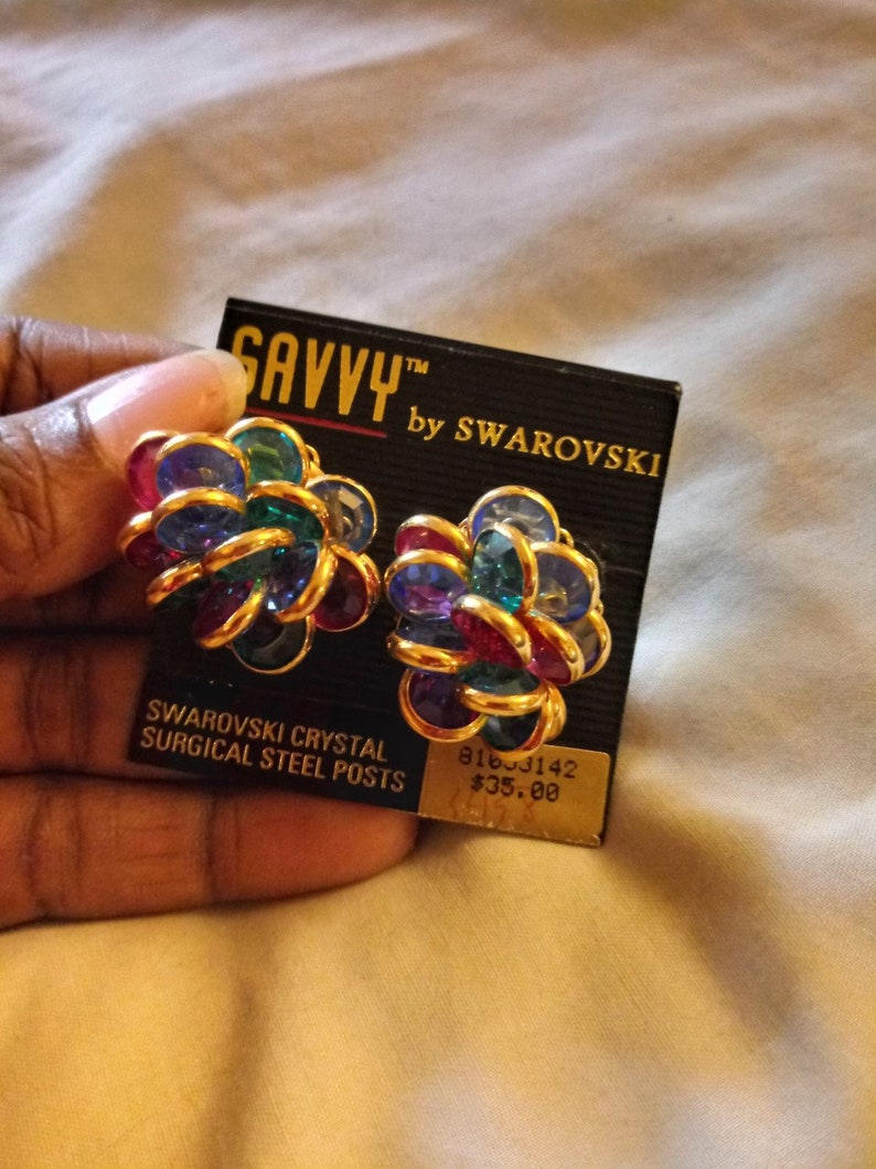 Original Savvy By Swarovski Multi Colored Gem Cluster Pierced Earrings On Original Card image 6