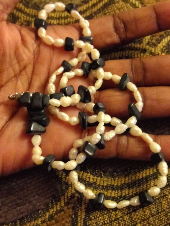 Freshwater Rice Pearl Six Strand Necklace High Luster Sterling Silver Clasp, Onyx Beads