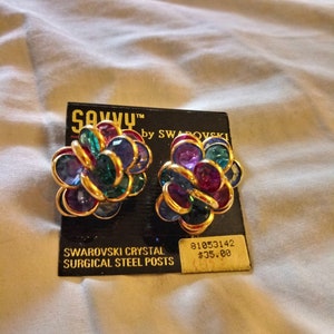 Original Savvy By Swarovski Multi Colored Gem Cluster Pierced Earrings On Original Card image 1