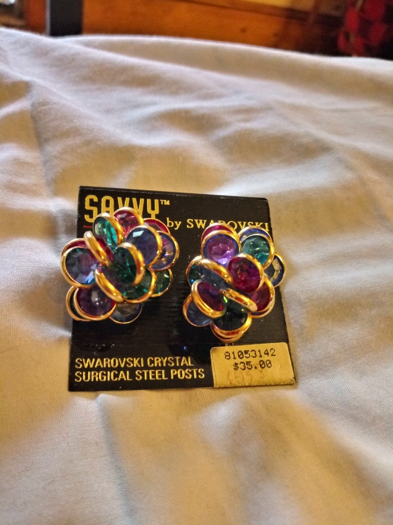 Original Savvy By Swarovski Multi Colored Gem Cluster Pierced Earrings On Original Card image 1