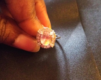 Sterling Silver Pink Crystal Ring With Round And  Baguette Crystals  Size 5 1/2 Hallmarked  925 BBJ