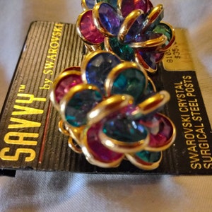 Original Savvy By Swarovski Multi Colored Gem Cluster Pierced Earrings On Original Card image 3