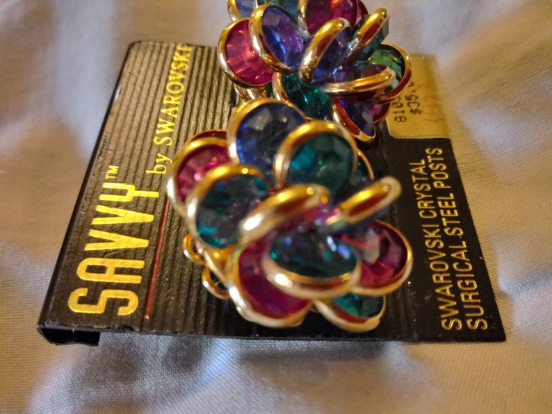 Original Savvy By Swarovski Multi Colored Gem Cluster Pierced Earrings On Original Card image 3