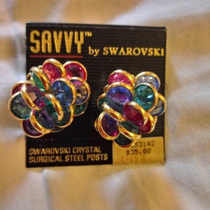 Original Savvy By Swarovski Multi Colored Gem Cluster Pierced Earrings On Original Card image 2