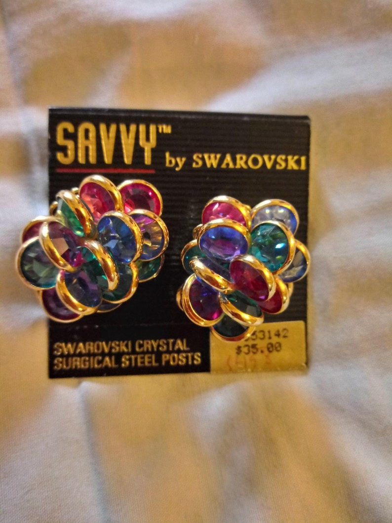 Original Savvy By Swarovski Multi Colored Gem Cluster Pierced Earrings On Original Card image 2