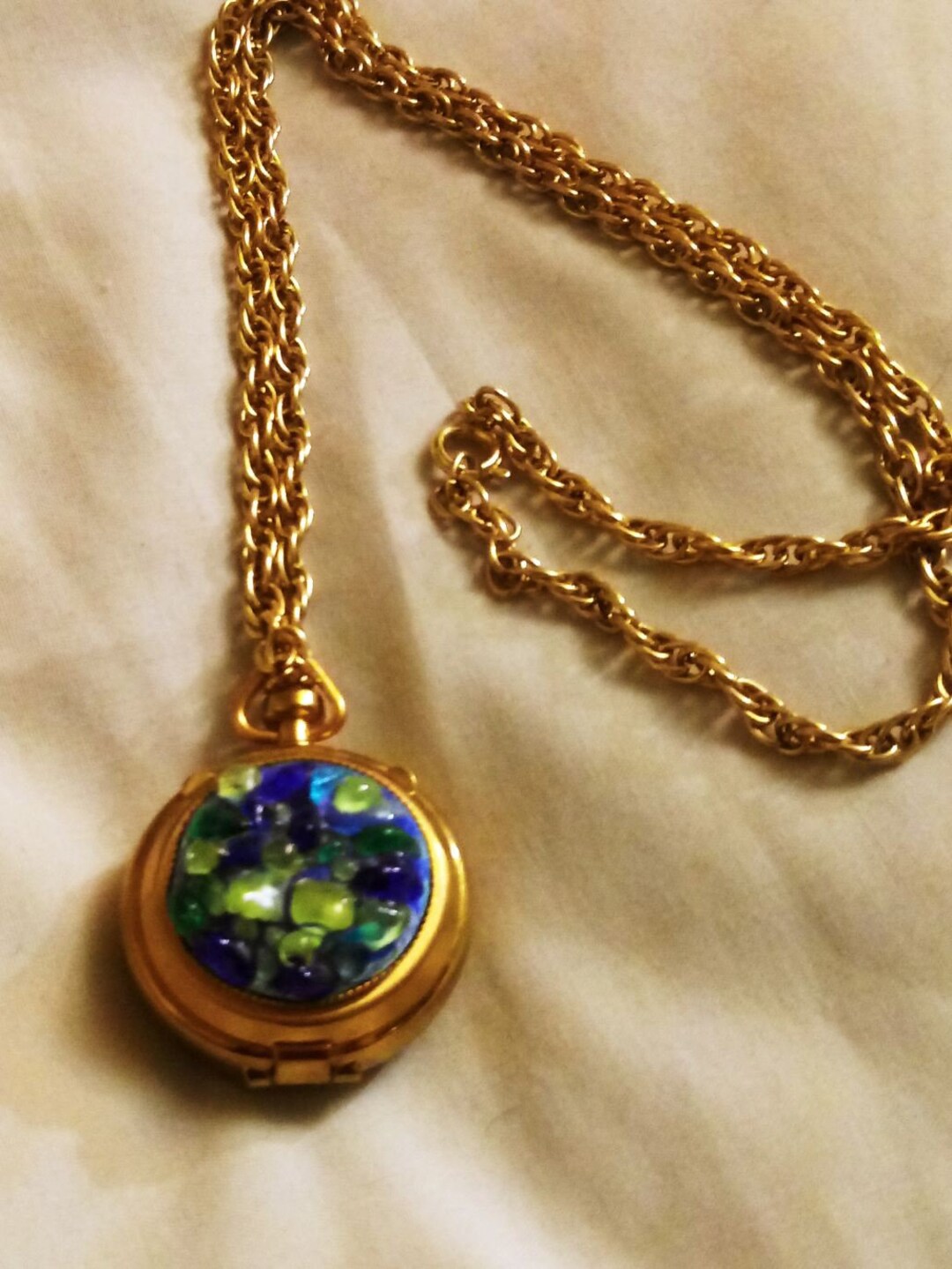 Pillbox Necklace Blue Green Stone Encrusted on Gold Tone Chain Etsy