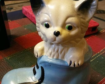 Adorable Kitten In A Boot Ceramic Bank Figurine