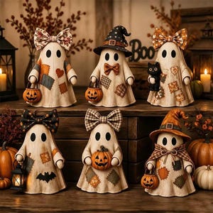 May include: Six decorative ghost figurines featuring patchwork patterns, fabric bows, and Halloween accessories including miniature jack-o'-lanterns, a black cat, a witch hat, and a lantern. Each ghost has a cream-colored body with black oval eyes.