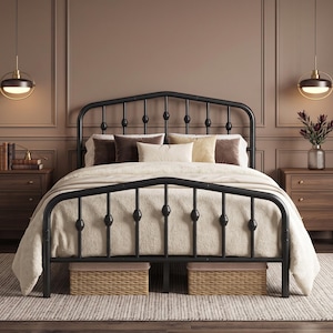 May include: A black metal bed frame with a rounded headboard and footboard featuring decorative spherical accents. The bed is dressed in a cream-colored comforter and several throw pillows in shades of brown, cream, and beige, with two woven baskets underneath.