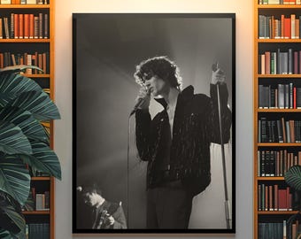 May include: A black and white framed wall art print depicting a musician with curly hair singing into a microphone while wearing a fringed jacket. A second musician is partially visible in the lower left corner playing a guitar on stage.