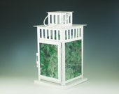 Candle Lantern, Outdoor Lighting, Hanging Lamp, Stained Glass, Tabletop Light, White or Black, Patio Decor, Pillar Candle Holder