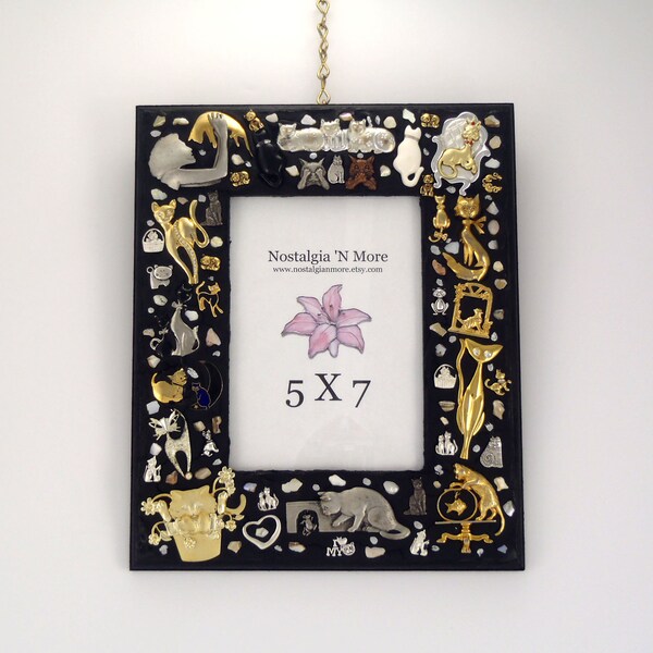 Cats Jeweled Picture Frame Black Gold Silver Handmade