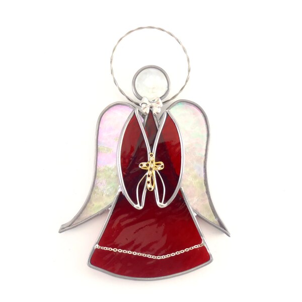 Red Stained Glass Angel Suncatcher with Cross - Handmade - OOAK