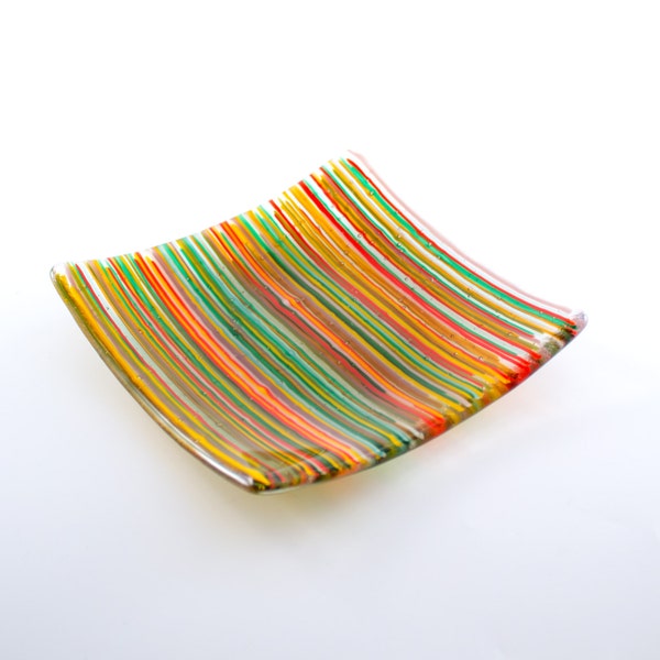 Colorful Fused Glass Plate - Pillar Candle Holder - Serving Dish - Rainbow Stripes - Boho Chic Decor - Square Shape - Decorative Plate