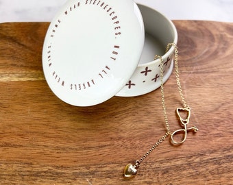 Nurse Appreciation Gift includes ceramic jewelry box and stethoscope necklace set.