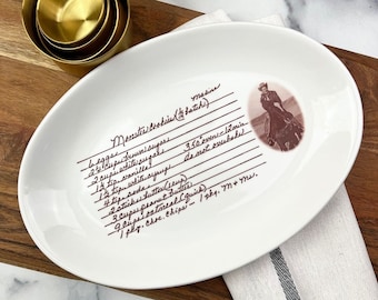 Engraved plate with your grandmas handwritten recipe displayed, unique bridal shower gift, writing on plate