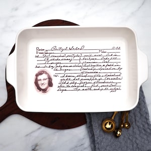 recipe baking pan, oven safe pan with handwriting displayed, recipe pan, oven safe, ceramic