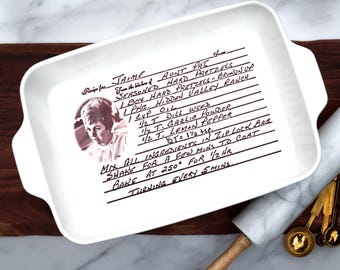 baking pan with logo, recipe baking pan, oven safe pan with handwriting displayed, recipe pan, oven safe, ceramic baking pan