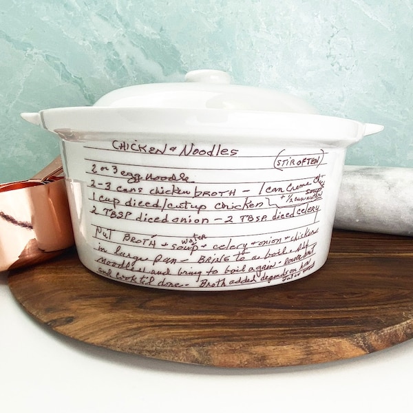 recipe on bowl with recipe dish casserole pan with recipe custom bakeware with your handwritten recipe