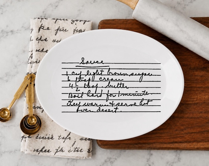 Custom Recipe, Handwritten Plate | White Ceramic Oval | 11 3/4 Inch, Sepia Or Black Print, Personalized Heirloom
