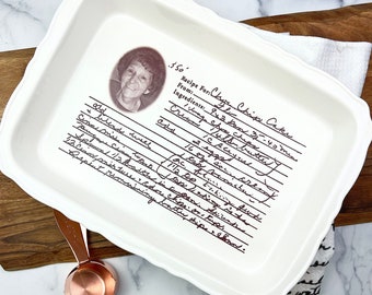 personalized gift, custom baking pan, oven safe pan with handwritten recipe, handwriting gift, recipe display, ceramic bakeware