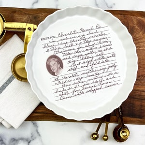 Pie Dish personalized with handwritten RECIPE, photos, display pie pan, High Quality, Handwritten Family Recipe, 2” deep