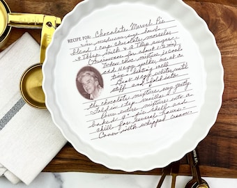 personalized pie pan with your loved ones handwritten recipe transferred.