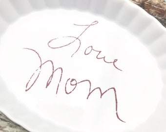 Handwriting displayed on a jewelry dish is the perfect heirloom gift to remember loves ones during the holiday season