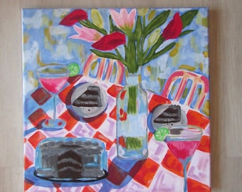 Taart, cosmosbloemen en calla lelies