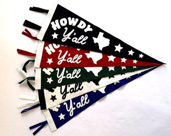 BANDERÍN DE FIELTRO DE LANA - Banderín de Texas "Howdy Y'all" de inspiración vintage