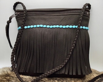 Deerskin Leather Fringe Crossbody Bag with Turquoise