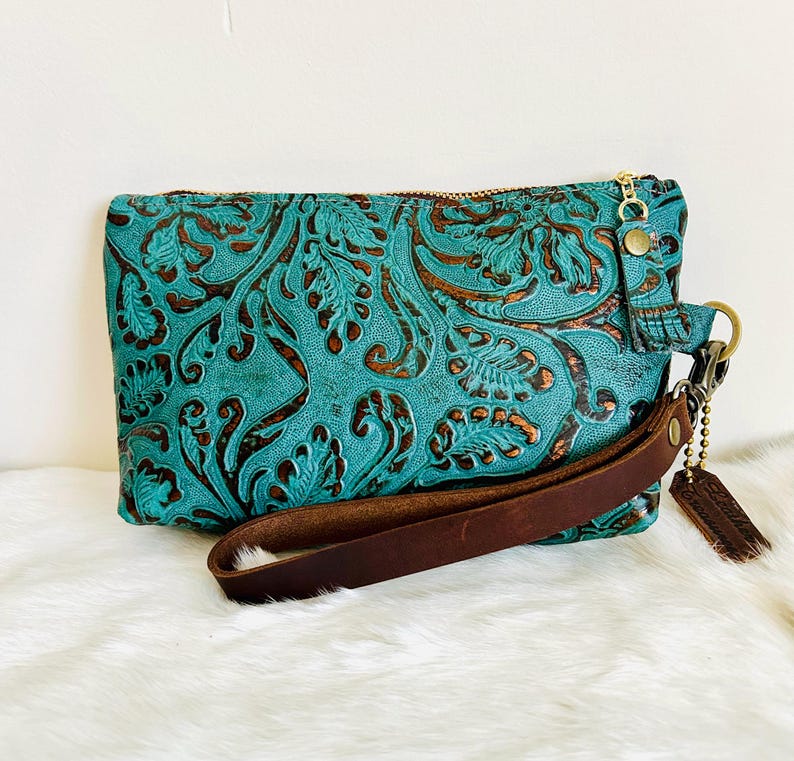 Leather Wristlet with Embossed/Vintage Tooled Design image 6