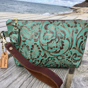 Leather Wristlet with Embossed/Vintage Tooled Design