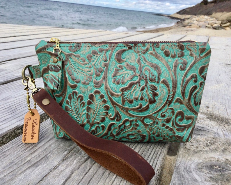 Leather Wristlet with Embossed/Vintage Tooled Design image 2