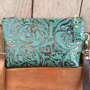Leather Wristlet with Embossed/Vintage Tooled Design image 1