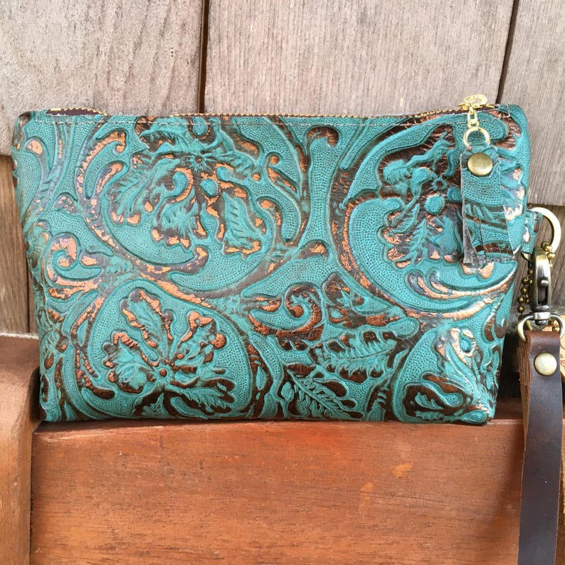 Leather Wristlet with Embossed/Vintage Tooled Design image 1