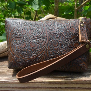 Leather Wristlet with Embossed/Vintage Tooled Design image 3
