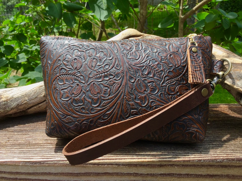 Leather Wristlet with Embossed/Vintage Tooled Design image 3