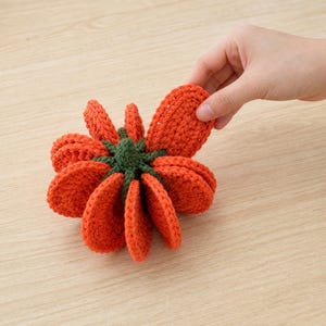 May include: A crocheted pumpkin decoration featuring multiple vibrant orange, rounded petal-like segments arranged in a circular pattern around a central dark green stem. The textured yarn construction creates a layered, dimensional appearance.
