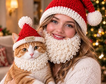 Matching Crochet Santa Hat Set for Cat and Human, Funny Pet Holiday Costume with Beard, Handmade Christmas Photo Prop, Cat Owner Gift