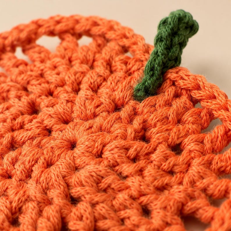 May include: A round, orange crochet coaster or decorative piece featuring a textured, open-stitch pattern that radiates from the center. A small, dark green crocheted stem is attached to the top edge, giving the item a pumpkin-like appearance.