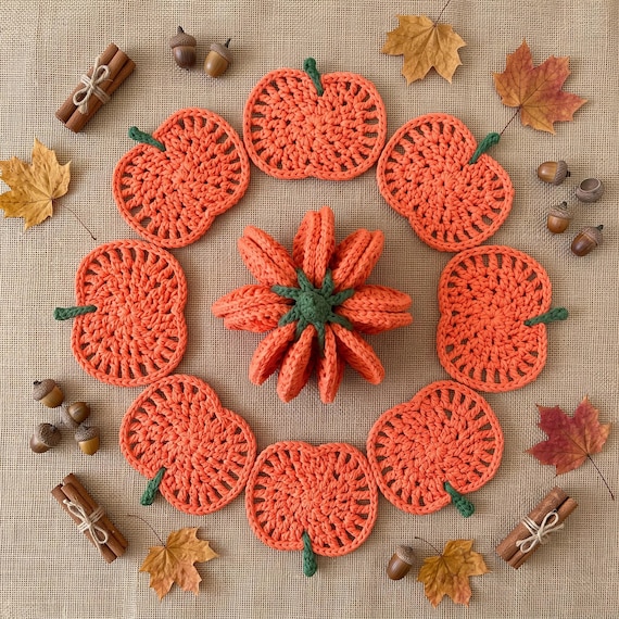 Crochet Pumpkin Coaster Set, 2 in 1 Table Decor Mug Rug, Cute Halloween Thanksgiving Gift for Hostess, Rustic Fall Coffee Bar Mat