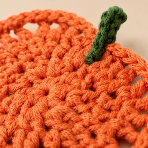 Pode incluir: Um porta-copos ou pe&ccedil;a decorativa redonda de croch&ecirc; laranja com um padr&atilde;o texturizado de pontos abertos que irradia do centro. Um pequeno caule de croch&ecirc; verde-escuro est&aacute; preso &agrave; borda superior, dando ao item uma apar&ecirc;ncia de ab&oacute;bora.