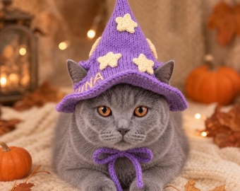 May include: A grey cat wearing a purple knitted witch hat with cream-colored star appliques and a chin strap. The hat features the name LUNA embroidered in light-colored thread on the brim. The cat has orange eyes and is looking forward.
