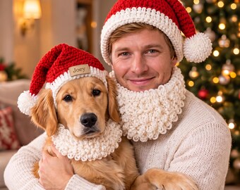 Matching Crochet Santa Hat Set for Dog and Human, Dog Christmas Costume with Beard, Handmade Pet Xmas Photo Prop, Dog Mom Dad Gift