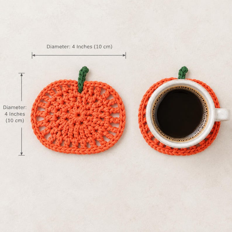 May include: Two orange pumpkin-shaped crochet coasters with green stems. Each coaster measures 4 inches in diameter. One coaster is shown alone, and the other supports a white ceramic mug filled with black coffee, as indicated by the text.